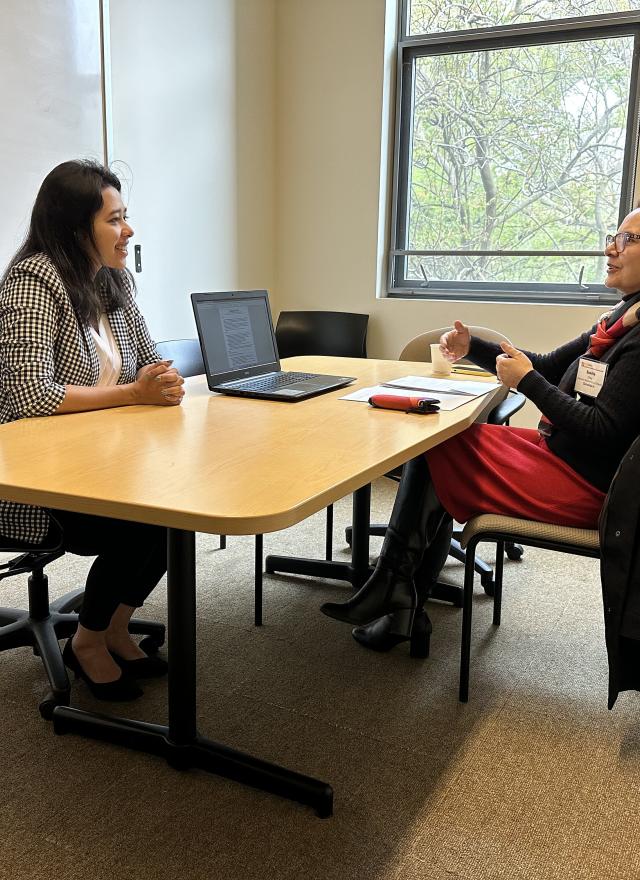 Sraboni Saha and Sunita Dhar in a study room at Gallagher Hall