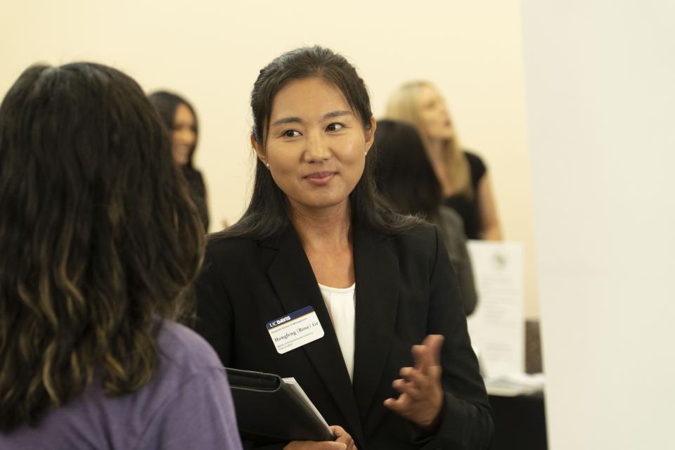 Woman talking during a fair