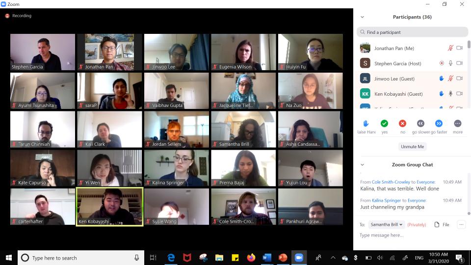 A screenshot of a Zoom meeting from Professor Stephen Garcia's class, showing 25 people on video, plus the chat